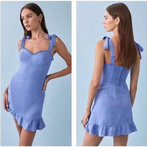 REFORMATION Desiree Linen Mini Dress Ruffle Sweetheart Bustier Tie Strap Blue - Picture 5 of 15